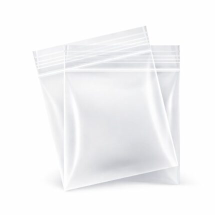 Two clear plain grip seal bags overlapping on a white background