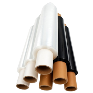 Clear and black hand pallet stretch wrap rolls with extended cardboard cores for manual packing