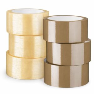 Stacks of clear and brown industrial packaging tape rolls for box sealing and shipping.
