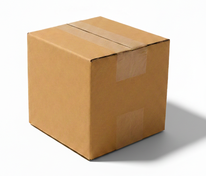 Single wall cardboard box sealed with brown tape for shipping and moving